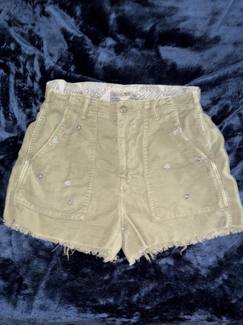 American Eagle Outfitters Olive Green Denim Shorts with Embellished Blue Flowers
